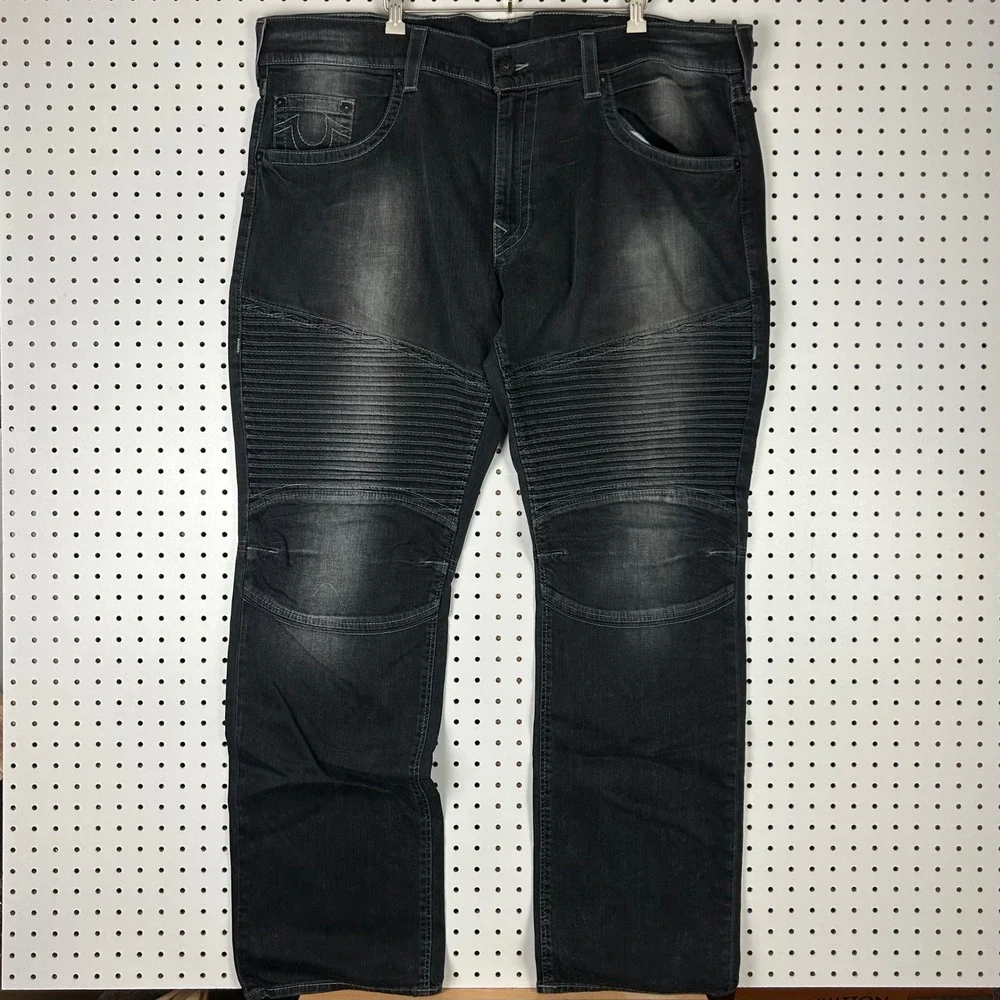 True Religion Moto Gothic Jeans 44x36 Black Washed Biker Denim Pants Streetwear
